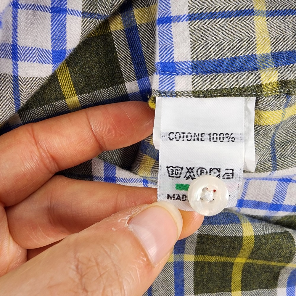 Lauro Napoli Shirt Mens 15.75 40 Olive Blue Plaid 100% Cotton Made in Italy - Picture 4 of 10